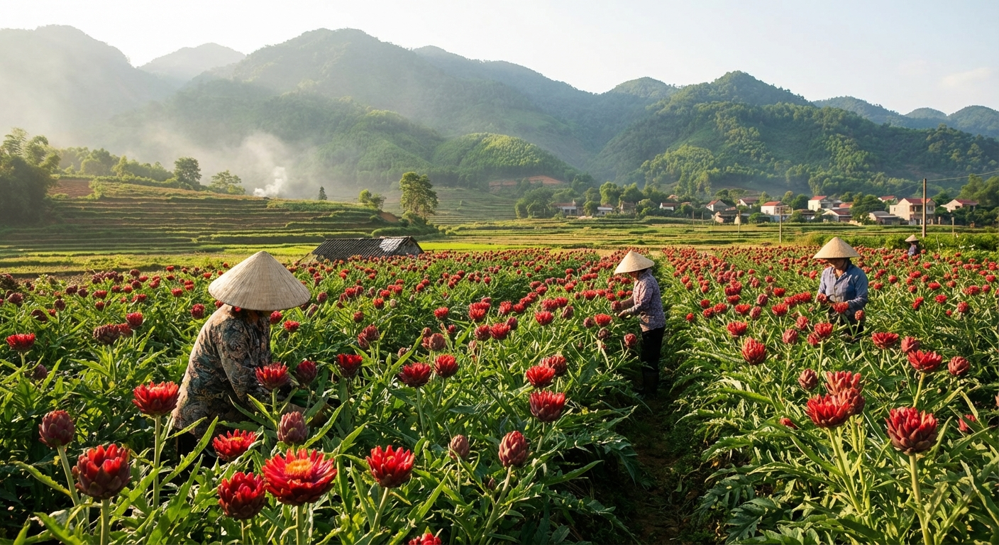 Trà Atiso Đỏ: Thức Uống Tuyệt Vời Cho Sức Khỏe và Sắc Đẹp 5 Cánh đồng atiso đỏ tươi